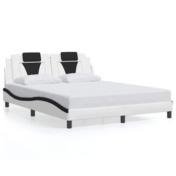 Cama Doble | Cama Para Adultos | Estructura Cama Cabecero Cuero Sintético Blanco Negro 160x200cm