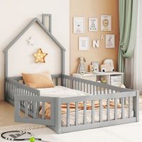 cama infantil de 90 x 200 cm en madera de pino con barandillas protectoras y puerta somier incluido gris