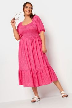 Yours Vestido Rosa Con Nido De Abeja Y Bordados Con Calados, Mujer Curvy Y Tallas Grandes, Yours