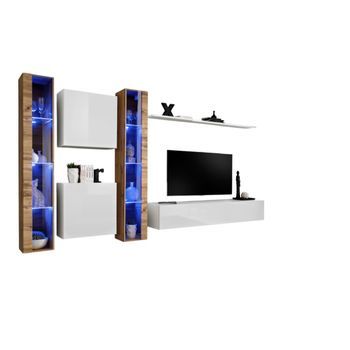 Conjunto De Muebles De Salón Mural Switch Xvi Diseño, Color Blanco Brillante Y Roble Wotan.