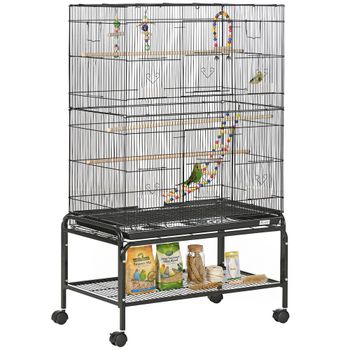 PawHut Jaula para Pájaros con Ruedas 79x49x133 cm Pajarera Metálico con 4 Comederos 3 Perchas Juguetes para Periquitos Negro   Aosom España