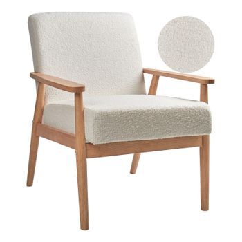 Sillón Retro De Salón Tapicería Bouclé Estructura De Madera Clara Blanco Roto Esrum