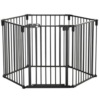 PawHut Barrera de Seguridad Protección Chimenea Parque Mascotas 6 Paneles con Puerta sin Perforación 362,5x76 cm Negro   Aosom España
