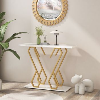 Mesa De Entrada Mármol Artificial Consola Moderna 100x30x79 Cm Blanco