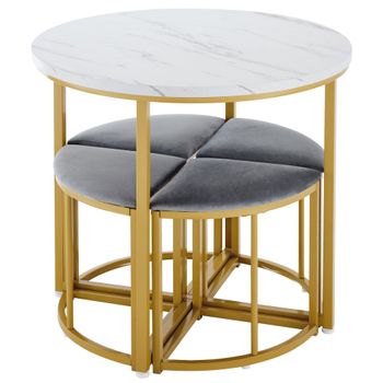 Juego de mesa de comedor blanca con 4 sillas grises.