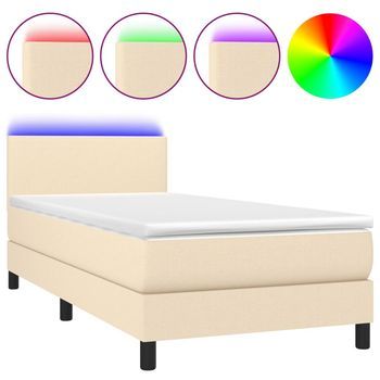 Cama Individual | Cama Para Adultos | Cama Box Spring Con Colchón Y Led Tela Crema 90x190 Cm