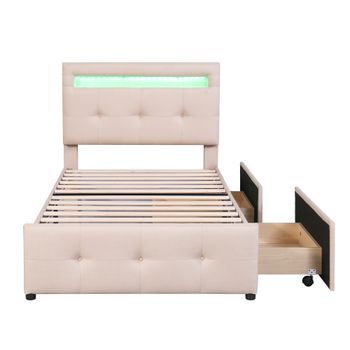 Cama Tapizada 90x200 Individual Con Cajones Y Luces Led, Estructura De Lino, Beige