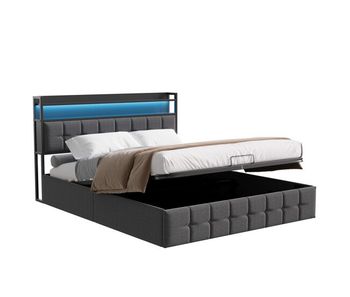 Cama tapizada 160x200cm con usb y enchufes, cama juvenil de matrimonio con somier y espacio de almacenaje, cama con canapé con led, lino, gris