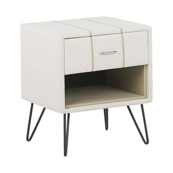 Mesita De Noche Tapizada En Piel Sintética Blanca Con Patas De Horquilla 48 X 41 X 56 Cm 1 Cajón Betin
