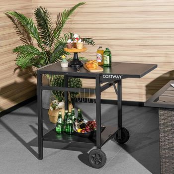 Mesa De Carro De Comedor Móvil Con Doble Estante Plegable Y 4 Ganchos Extra 96,5x64x75,5 Cm Negro