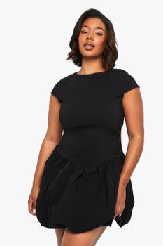 Vestido Plus Mini De Bengalina Con Mangas Casquillo Y Forma De Globo, Negro