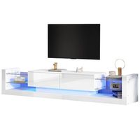 mueble de television blanco de 181 cm con iluminacion led frontal de cristal y dos cajones
