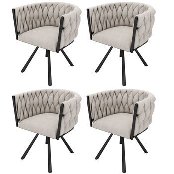 Juego De 4 Sillas Giratorias De Lino Con Reposabrazos - Patas De Metal Negro - Beige