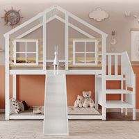 cama litera de madera maciza con escalera tobogan ventana y barreras de seguridad blanca 90x200 cm