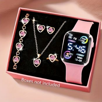 Set de 6 Piezas de Reloj Electrónico de Moda, Collar, Aretes y Anillo para Adolescentes, Niños y Niñas, la Mejor Opción para Regalar a un Amigo