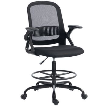 Vinsetto Silla de Oficina Ergonómica, Silla Giratoria de Malla, Altura y Anillo Reposapiés Ajustable, Butaca para Escritorio con Soporte Lumbar y Reposabrazos Abatibles para Casa, Capacidad 120 kg, Negro