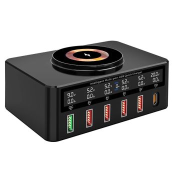 Cargador USB PD de 6 puertos WLX-818H 65W con estación de carga de escritorio inalámbrica rápida QC3.0 5USB-A + USB-C PD