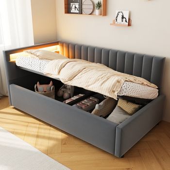 Sofá-cama Tapizado 90x200 Con Led Y Almacenamiento Hidráulico, Diseño De Rayas Verticales, Terciopelo Gris, Somier De Lamas