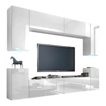 Conjunto De Muebles De Salón Blancos Suspendidos Colección Cepto I 256cm, 8 Puertas, 6 Estantes, Leds, Modulares.