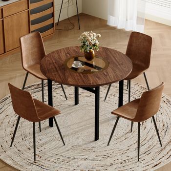 Mesa Redonda Y 4 Sillas - Mueble Salón - Mdf, Vidrio Y Metal - Marrón Y Negro (100x100cm)