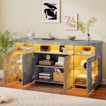 Aparador - Mueble Para Salón - Mdf Y Vidrio Templado - Gris Cemento (140x40x70cm)