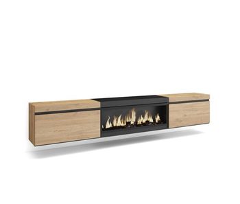 Mueble tv, televisión, muebles de salón, almacenaje, 267x35x45cm, para tv gran formato, chimenea eléctrica xxl, colgado, suspendido, estilo moderno, roble y negro