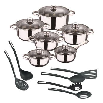 Batería de cocina de acero inox con utensilios de cocina negro