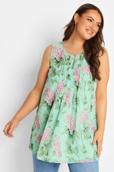 Yours Blusa Verde Floral Sin Mangas Con Jaretas, Mujer Curvy Y Tallas Grandes, Yours