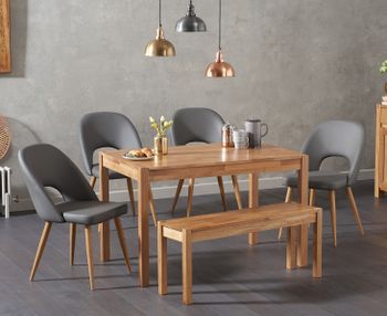 Oxford 120cm Solid Oak Dining Table with Halifax Faux Leather Chairs with Oxford Bench - Grey, 2 Chairs
