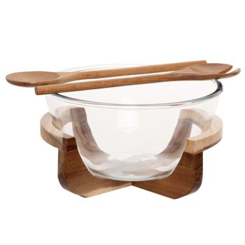 Ensaladera de vidrio con soporte y cubiertos de madera de acacia