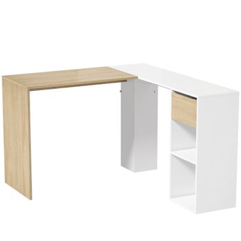 HOMCOM Escritorio Esquinero en L de 120x110 cm con Cajón y 2 Estantes para Oficina en Casa Estudio Blanco y Natural