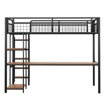 Cama Alta De Metal 90x200 Cm - Con Escritorio Y Escalera De Seguridad - Negro