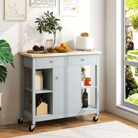 carro movil para cocina con tapa de madera caucho 4 estantes abiertos 2 cajones y 1 gabinete gris