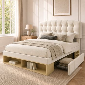 Cama Tapizada Beige 140x190 Con Cabecero Regulable Y Cajones
