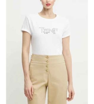 Twinset para mujer. 251TP2540 Camiseta logotipo blanco (L), Casual, Algodón, Manga corta