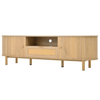 Mueble Para Tv De 175 Cm Con Puertas Semicirculares, Cajones De Ratán Y Pasacables