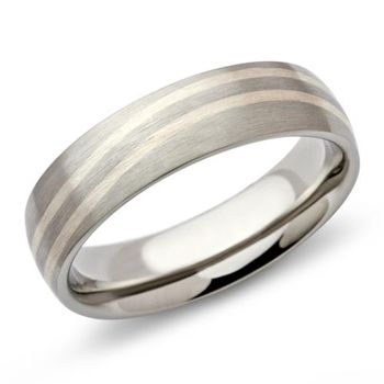 Anillo de acero inoxidable con incrustación de plata curvada