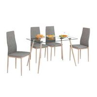 conjunto mesa cristal  4 sillas color gris tela comedor salon estilo nordico patas metal efecto madera