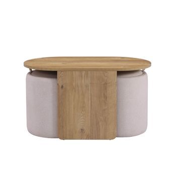 Mesa De Centro Con 2 Pufs Con Espacio De Almacenamiento Nestup, Blanco/nogal, De Hjh Living