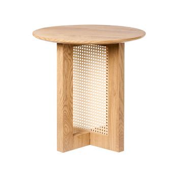 Mesa Auxiliar Moderna De Mdf Con Ratán Ø 50 Cm Mobiliario De Salón Marrón Claro Karlo