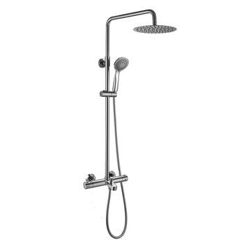 Kibath Columna De Ducha Extralarga Termostático Gas | Altura Regulable 100-150 Cm | Latón Macizo Cromo Brillo | Diseño Redondo Con Rociador Efecto Lluvia Y Alcachofa | Ideal Techos Altos