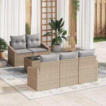 Juego De Sofá De Jardín De 6 Piezas Con Cojines Beige Poliratán V5409 Unico / Beige
