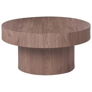Mesa De Centro Con Base De Mdf Diseño Moderno Acanalado Ø 80 Cm Marrón Oscuro Seul
