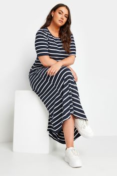 Yours Vestido Largo Canalé Azul Y Blanco De Rayas Marineras, Mujer Curvy Y Tallas Grandes, Yours