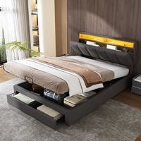 cama doble tapizada hidraulica con iluminacion led cofre cajones y almacenamiento cabecero retractil de lino 140x200 cm gris