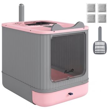 PawHut Arenero para Gatos Cubierto M con Tapa Abatible Salida Superior Pala Bolsas Desodorantes Fácil de Limpiar Rosa   Aosom España