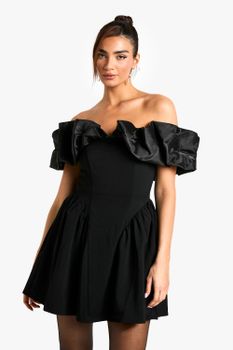 Vestido Skater Estructurado De Tafetán Con Volante Y Escote Bardot, Negro