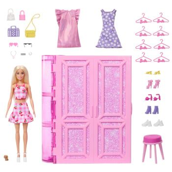 Barbie Muñeca con Armario de Ensueño y ropa, Muñeca con accesorios +3 años