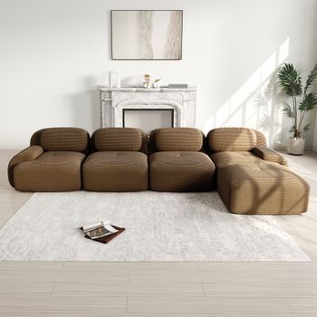Sofá Esquinero 4 Plazas Modular De Pana Con Chaise Longue, Marrón, 388x178x70 Cm