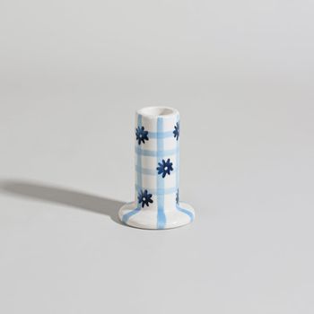 Portavelas de cerámica impresa blanca y azul, 9 cm